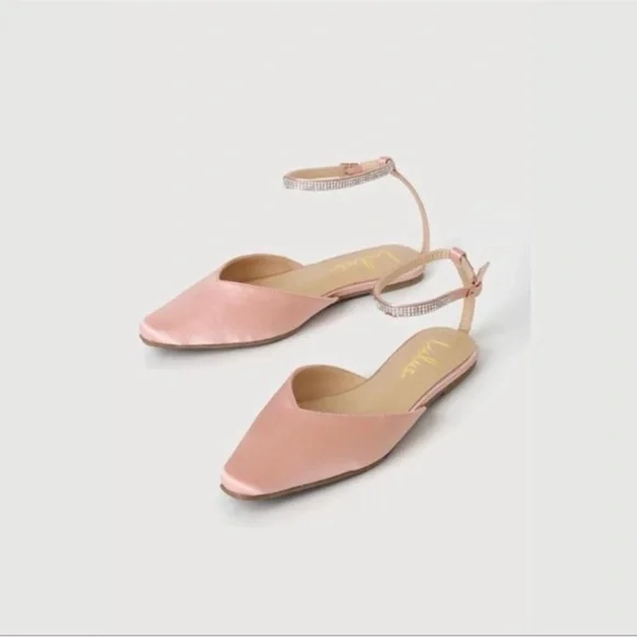 NIB Lulu’s Valetta Champagne Pink Satin Rhinestone Ankle Strap Flats 7 - Picture 5 of 12